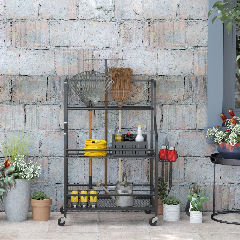 Outsunny Organiseur d'outils de jardin, support à outils de jardin 54 emplacements 5 crochets en acier sur roues 3 niveaux noir