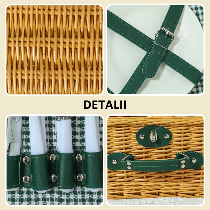 Outsunny Coș de Picnic din Răchită pentru 2 Persoane cu Zonă Frigorifică și Veselă, 40x30x20 cm, Maro Deschis