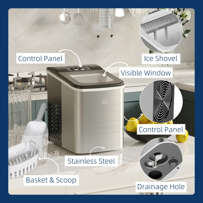 HOMCOM Ice Maker Machine Countertop, 9 Ice Cubes in 8 Mins, 12KG in 24Hrs, Self-Cleaning Portable Ice Cube Maker w/ Adjustable Ice Size, Ice Scoop, Basket, Stainless Steel, No Plumbing Required, Black