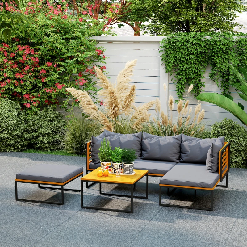 Outsunny Conjunto de Jardim de 4 Peças em Forma de L com 2 Sofás de 2 Lugares Sofá de Canto e Mesa de Centro  Cinza e Madeira
