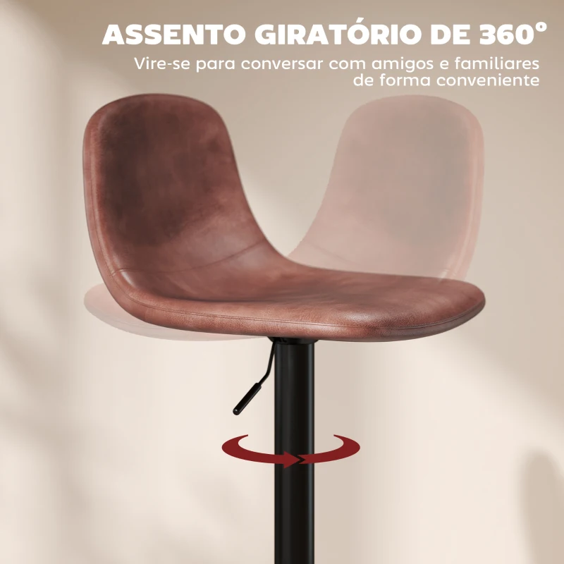 HOMCOM 2 Bancos de Bar Reguláveis em Altura 84-104 cm com Encosto e Apoio para os Pés Estofadas em PU Giratórias em 360° Marrom