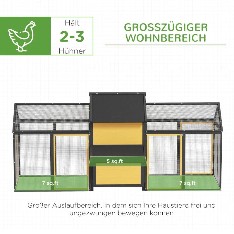PawHut Hühnerstall Kleintierstall 2 Außengehege, 1 Nistkasten, 2 Rampen,Asphaltdach, wetterbeständig, Gelb(m-4)