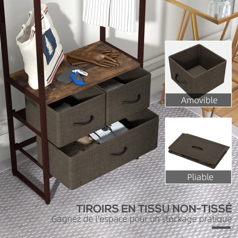 HOMCOM Portant à vêtements avec 3 tiroirs en tissu, étagères de rangement et tringle de suspension, 58,5 x 30 x 178 cm, marron