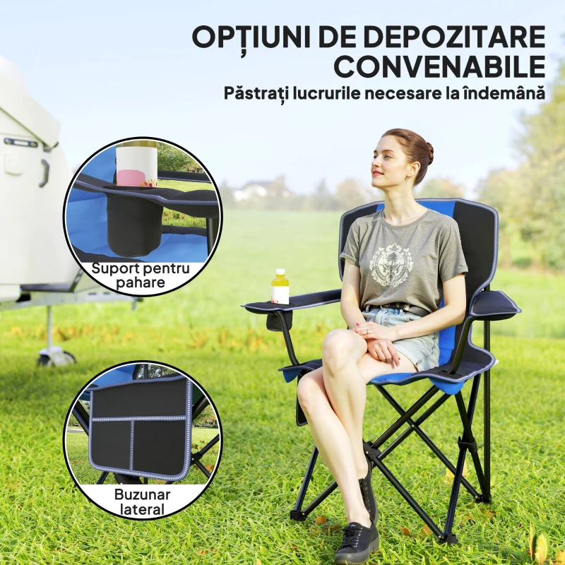 Outsunny Scaun de Camping Pliabil cu Buzunar și Suport pentru Pahar, 94x62x110 cm, Albastru