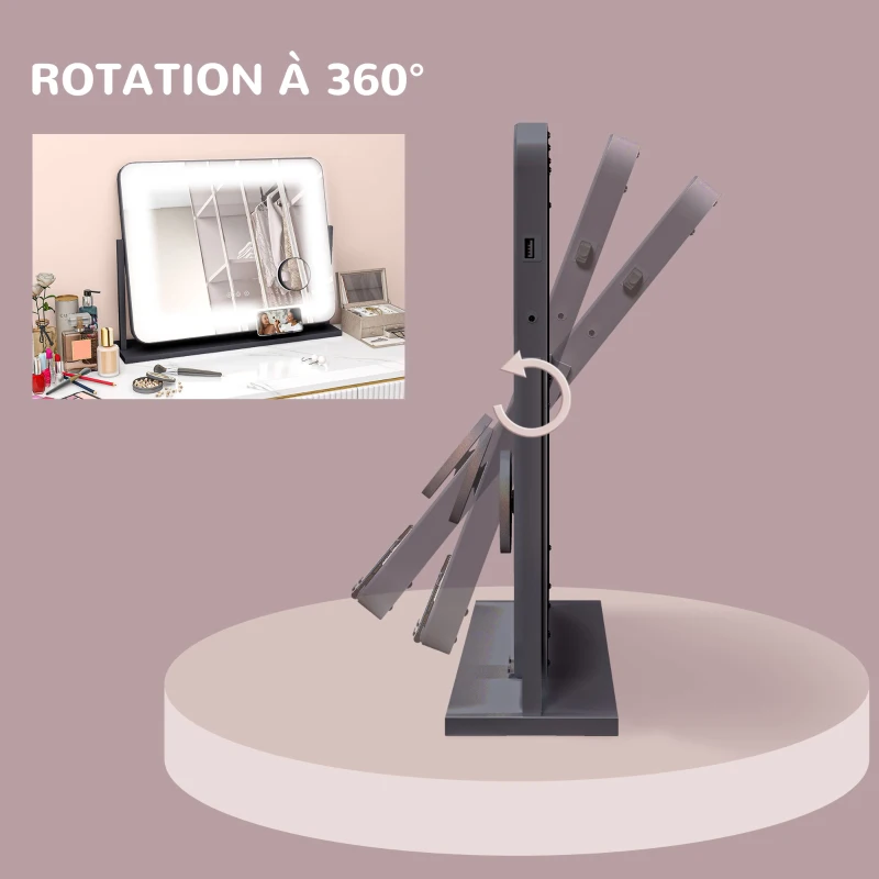 HOMCOM Miroir Lumineux LED intensité 3 modes d'éclairage, grossissement 10X, port de charge USB, touche tactile 62,5 x 52 cm