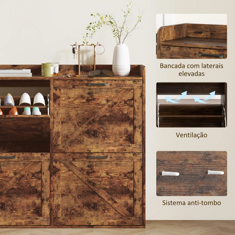 HOMCOM Sapateira de 4 Portas com Prateleiras Ajustáveis Estilo Industrial para 24 Pares de Sapatos 120x24x103 cm Castanho Rústico