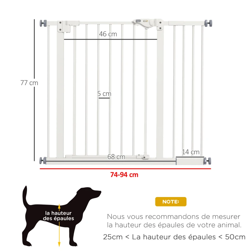 PawHut Barrière de sécurité animaux porte fermeture automatique système de double verrouillage sans perçage 1 extension blanc(m-3)