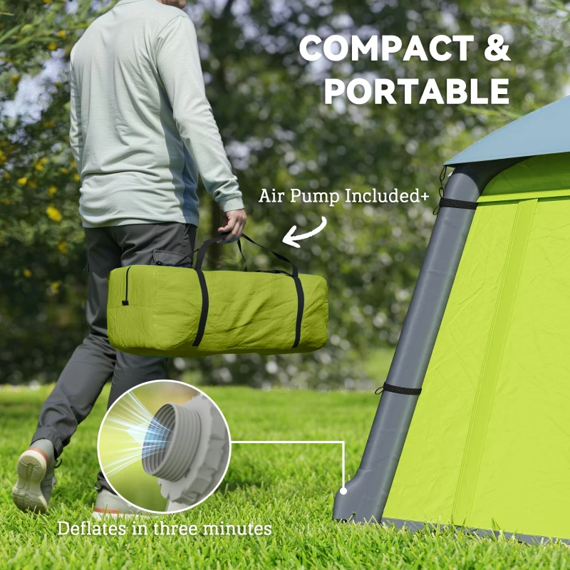 Outsunny Inflatable Camping Tent w/ Hand Pump, Easy Setup 1/2 Person Blow Up Tent Waterproof 190T Taffeta w/ Mesh Windows, Doors and Carry Bag, Green