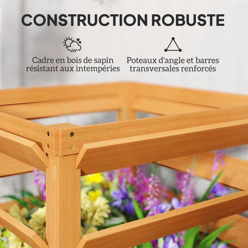 Outsunny Jardinière avec treillis, lit surélevé de jardin fond ouvert, bac à fleurs en bois 65 x 65 x 73 cm, marron clair