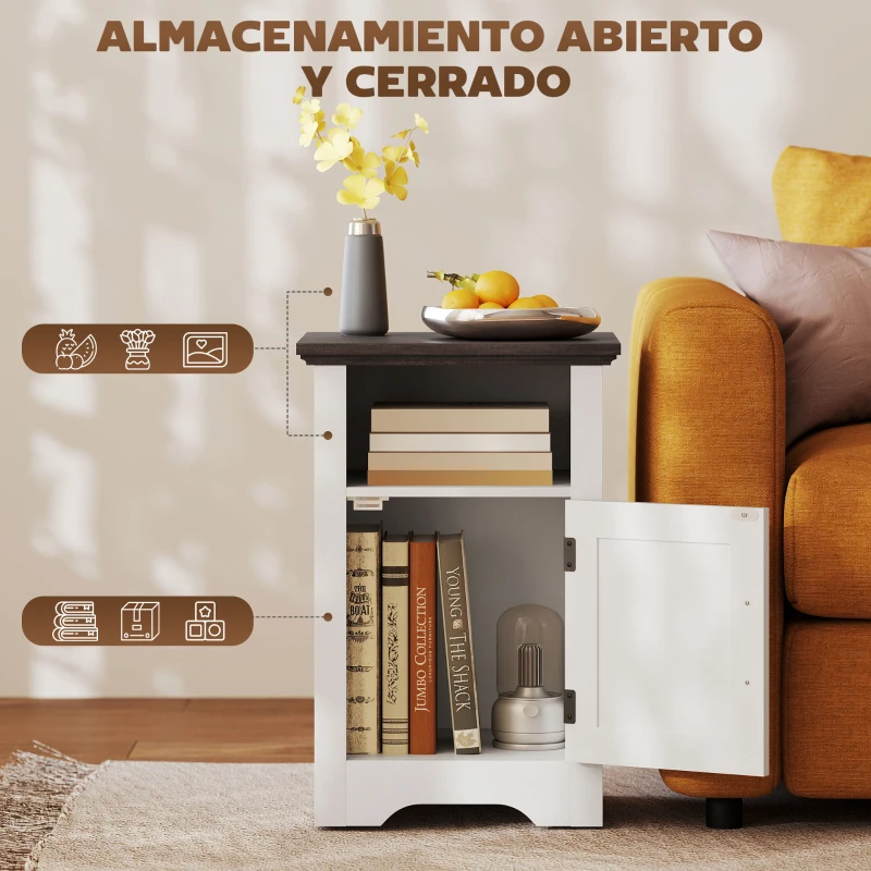 HOMCOM Mesitas de Noche Rústicas Mesas Auxiliares con Puerta Estilo Granero y Estante 40x35x60 cm Blanco y Marrón