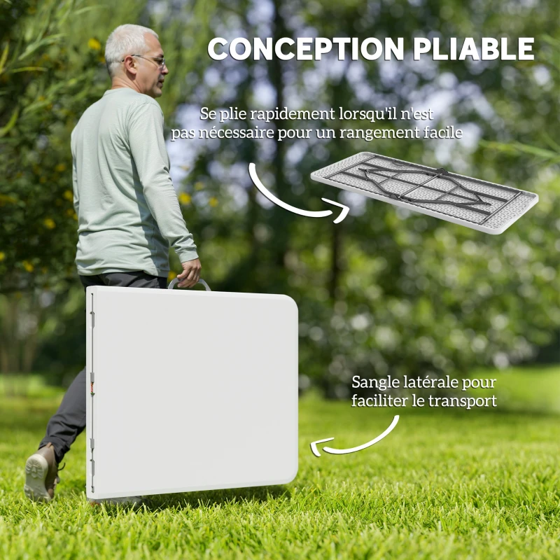 Outsunny Table pliante en HDPE table de camping pliante extérieur avec poignée couvre-pieds antidérapants 180 x 74 x 74 cm, blanc