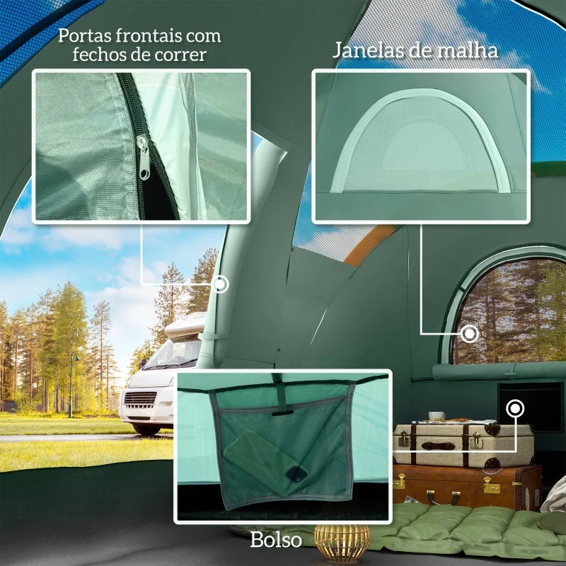 Outsunny Tenda de Campismo para 4-5 Pessoas Impermeável + Anti UV com Bolsa de Transporte e Gancho para Luz 455x230x180cm Verde