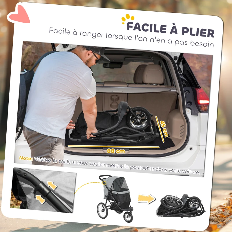 PawHut Poussette pour chien pliable avec panier de rangement, coussin lavable, roues en caoutchouc et auvent réglable, gris