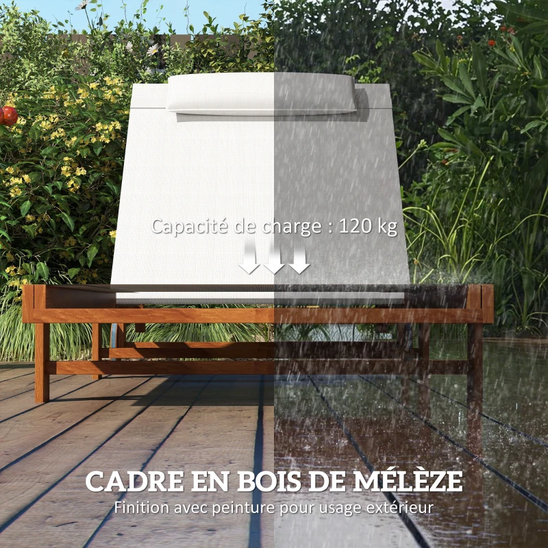 Outsunny Bain de soleil en bois avec roulettes dossier inclinable en 4 positions appui-tête, 84x200x101cm, blanc