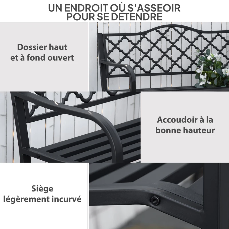 Outsunny Banc de jardin 2 places en fonte style antique avec accoudoirs et dossier, 128 x 58,5 x 89 cm, noir