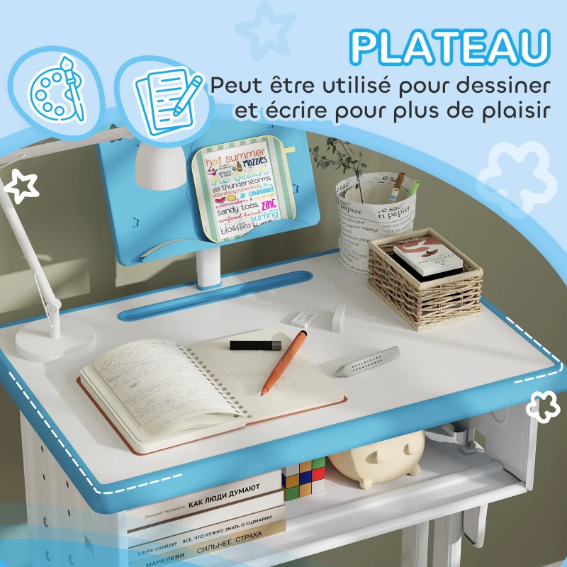 HOMCOM Bureau et chaise pour enfant avec support de lecture casier crochet et porte stylo 60 x 45x 90-102 cm bleu