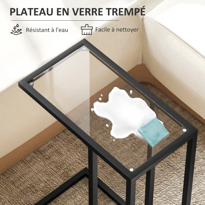 HOMCOM Table d'appoint en forme de C avec plateau en verre trempé, cadre en acier, noir