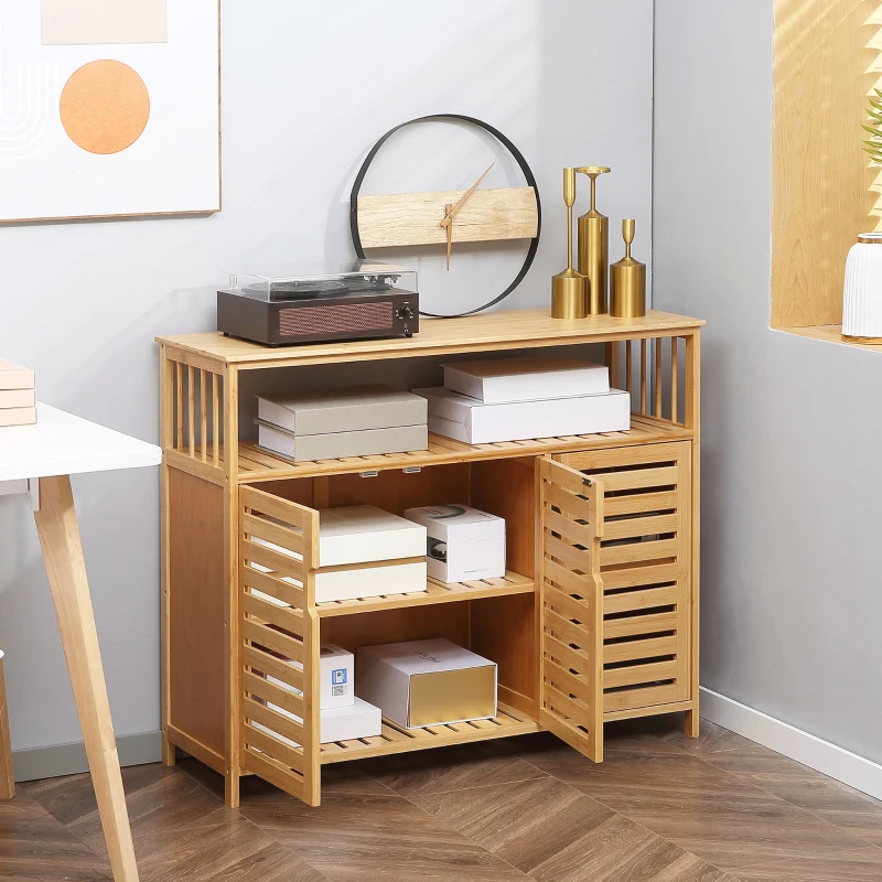 HOMCOM Aparador para Salón de Bambú con 3 Puertas Ranuradas Estantes para Comedor Cocina Entrada Natural 100x35x82 cm