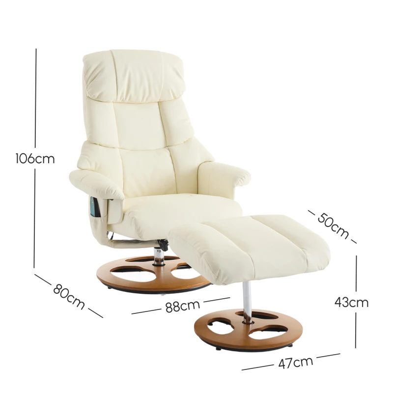 PU Upholstered Massage Recliner with Ottoman Footstool, 5 Points Massager, Ergonomic Backrest, Swivel Function, 88L x 80W x 106H cm, White