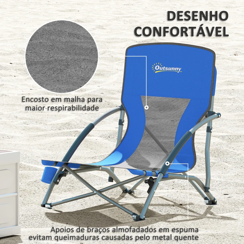 Outsunny Conjunto de 2 Cadeiras de Praia Dobráveis Cadeiras de Campismo Portáteis com Bolsa de Transporte 58x55x62 cm Azul