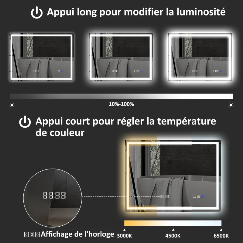HOMCOM Miroir salle de bain LED bluetooth 60 x 80 cm interrupteur tactile lumière réglable 3 couleurs anti-buée mémoire argent