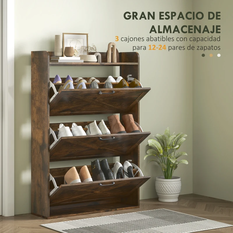 HOMCOM Zapatero Estrecho de 3 Cajones Abatibles para 24 Pares Diseño Rústico con Puertas de Granero 80x24x118 cm Marrón