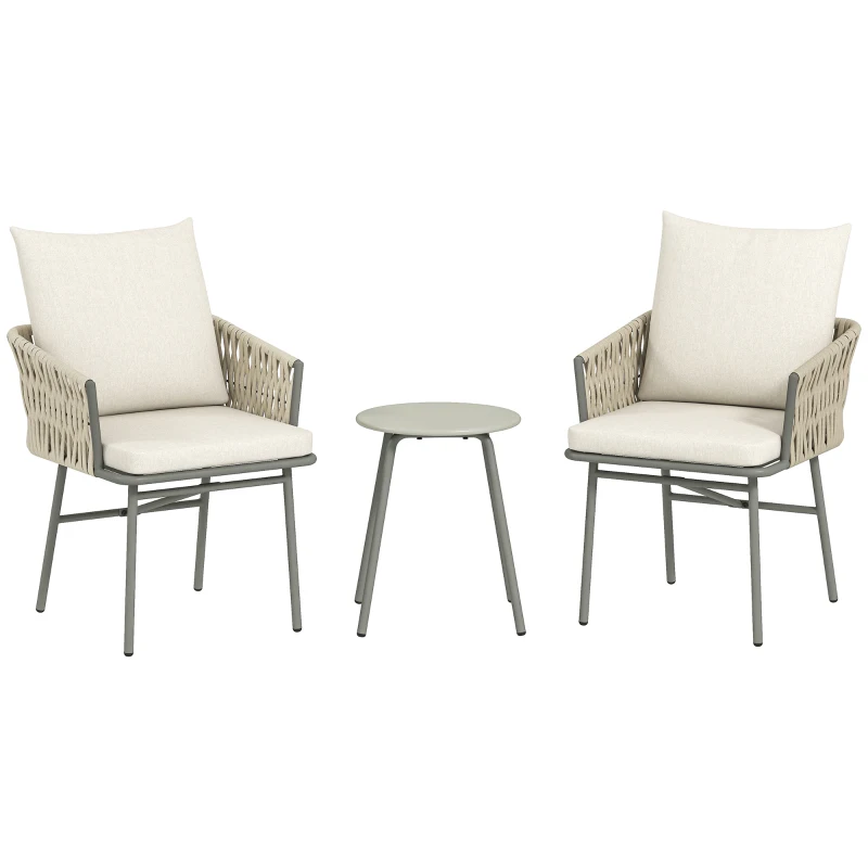 Outsunny Conjunto de Jardim de 3 Peças com 2 Cadeiras com Almofadas Removíveis e Laváveis e Mesa com Bancada de Metal Cinza e Creme