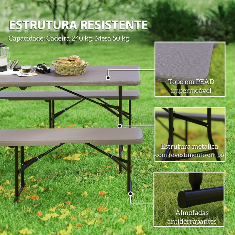 Outsunny Conjunto de Campismo Dobrável de 3 Peças Inclui 1 Mesa 180x74x74 cm e 2 Bancos 182x28x42 cm Efeito Madeira Castanho