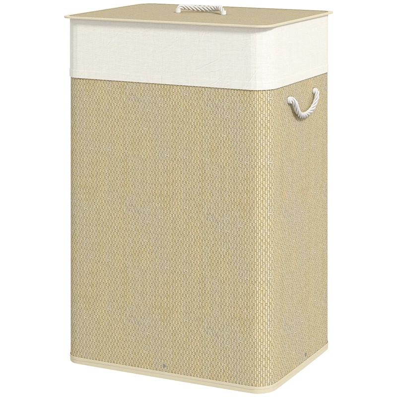 HOMCOM Cesto de Roupa com Tampa 72L Cesto de Roupa de Bambu com Bolsa Interior Removível e Alças 40x30x60 cm Bege e Creme