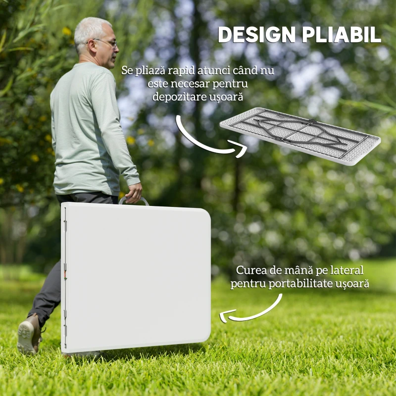 Outsunny Masă de Camping Pliabilă cu Mâner, Cadru Metalic și Blat din Plastic, 180x74x74 cm, Alb