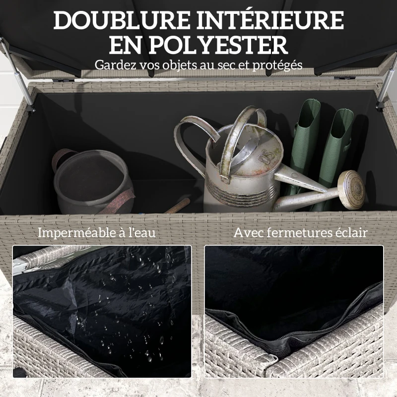 Outsunny Coffre de jardin en résine tressée coffre de rangement extérieur 184 L vérins à gaz, résistant aux UV 102x52x52cm gris