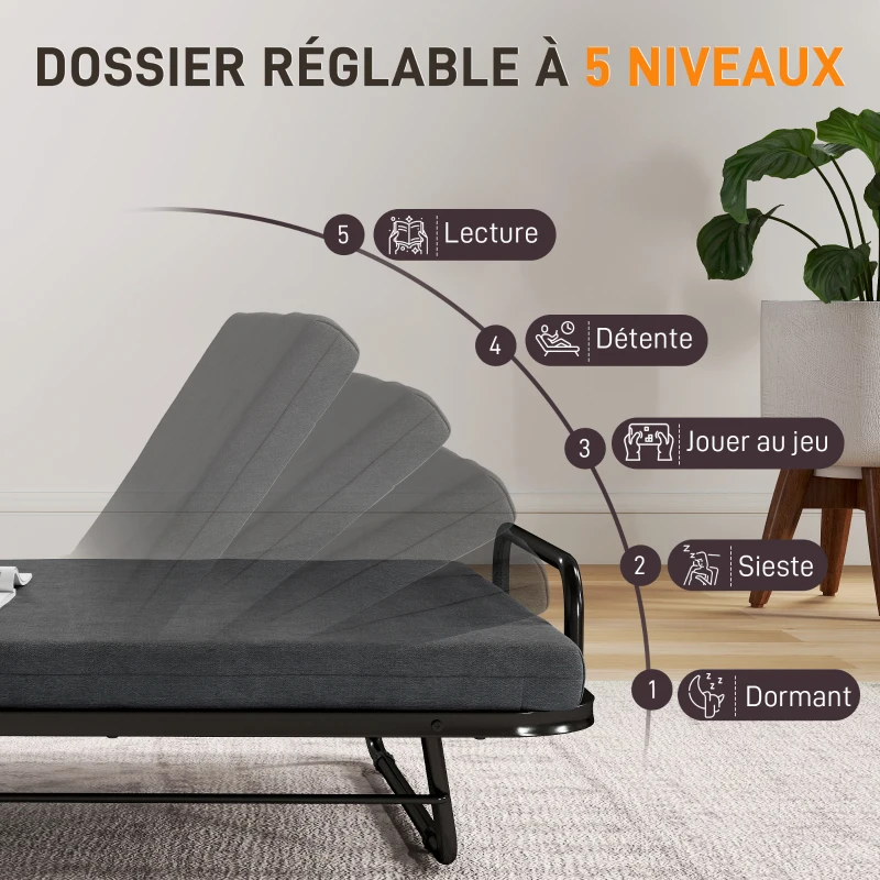 HOMCOM Lit pliant 1 personne 188 x 76 cm, lit d'appoint pliable avec matelas de 7 cm sur roulettes, charge de 150 Kg, gris