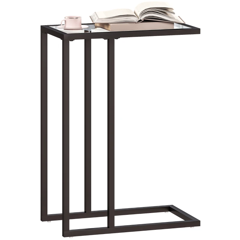 HOMCOM Table d'appoint en forme de C avec plateau en verre trempé, cadre en acier, noir