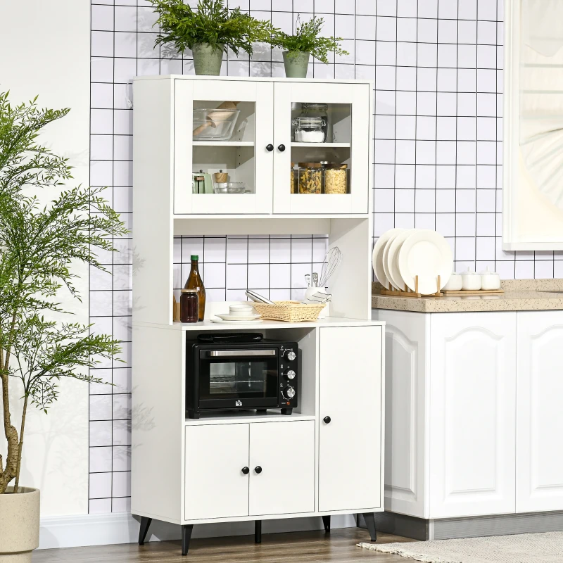 HOMCOM Armoire de cuisine avec 3 placards, niches, étagères réglables, portes vitrées, passe-câble, 90x40x180cm, blanc