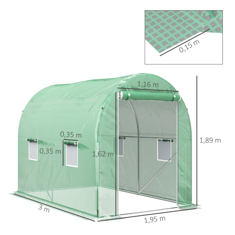 Outsunny Estufa Tipo Túnel 298x197x189 cm com Porta e 4 Janelas para Cultivo de Plantas e Verduras com Cobertura PE 140g/㎡ Verde