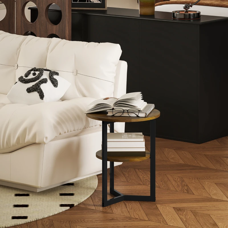 HOMCOM Table d'appoint ronde, bout de canapé industriel avec étagères de rangement et cadre en acier, Ø 40 x 48 cm, marron