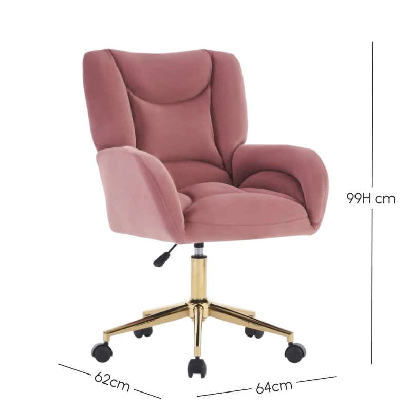 Height-Adjustable Velvet Swivel Office Chair with Universal Wheels, Metal Base, Ideal for Indoor Office Spaces, 64L x 62W x 92.5-99H cm, Pink