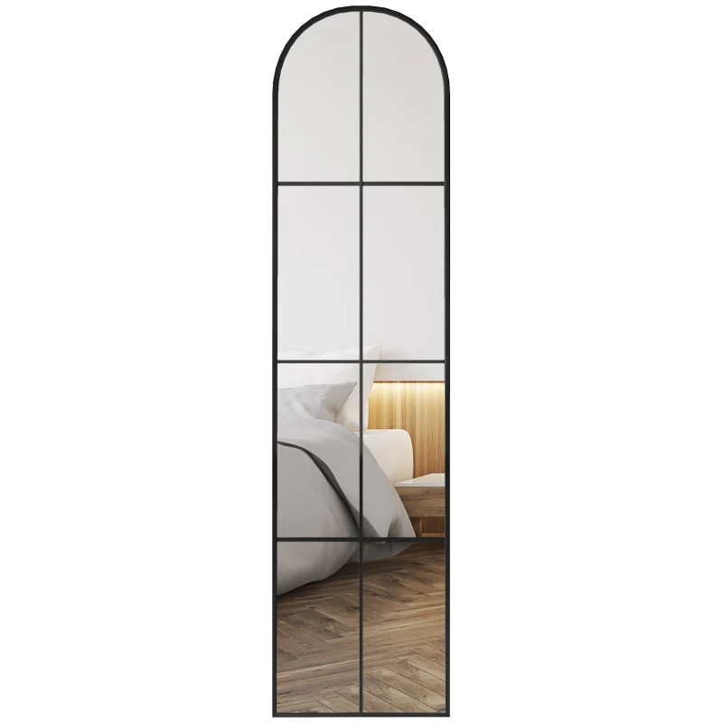 HOMCOM Espelho de Pé ou Apoiado na Parede Espelho com Forma de Janela e Moldura de Metal para Dormitório Entrada Sala 40x160 cm Preto