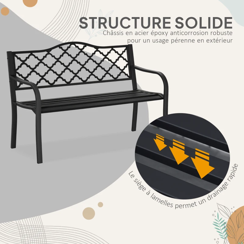 Outsunny Banc de jardin 2 places en fonte style antique avec accoudoirs et dossier, 128 x 58,5 x 89 cm, noir