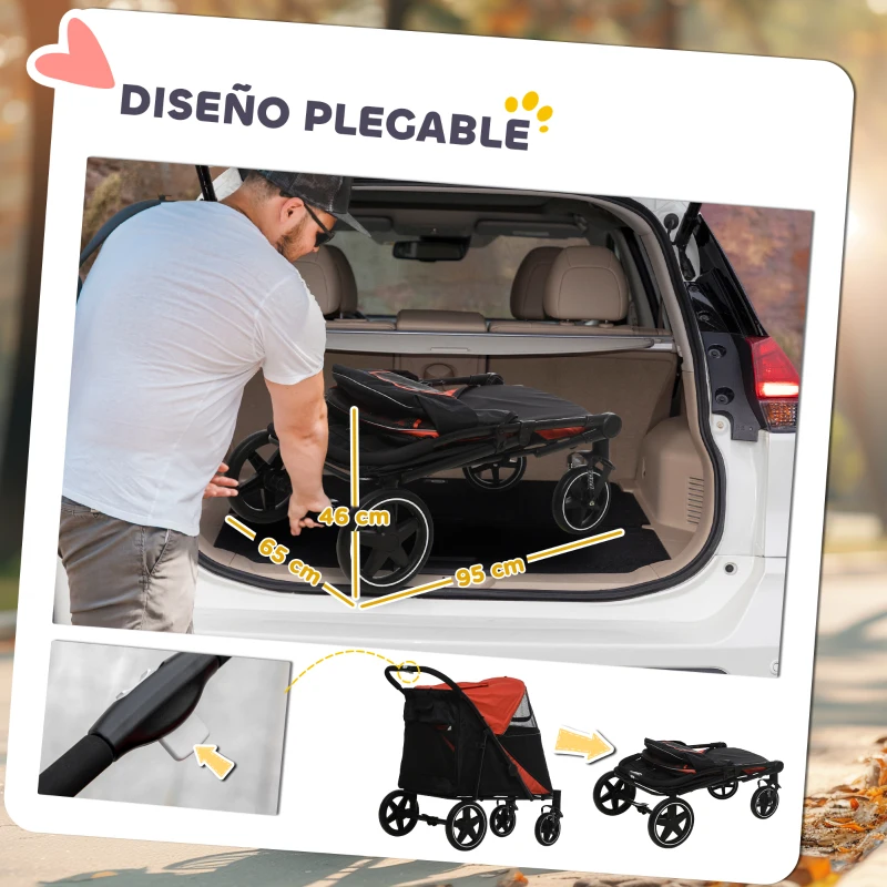 PawHut Cochecito para Perros Plegable Carrito para Mascotas con Ventanas de Malla Correas de Seguridad 112x65x100 cm Rojo