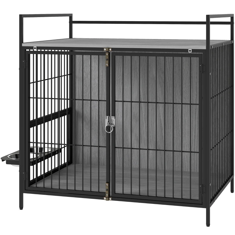 PawHut Dog Crate Furniture with Rotating Bowl Holder, 2 Bowls, 2 Doors, for Medium Dogs, 80 x 56 x 76.5 cm, Grey