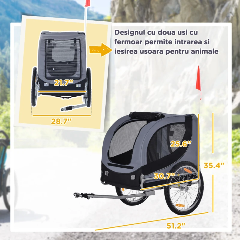 PawHut Remorcă Bicicletă pentru Câini Talie Medie cu Ferestre Laterale și Steag, 130x73x90 cm, Gri și Negru