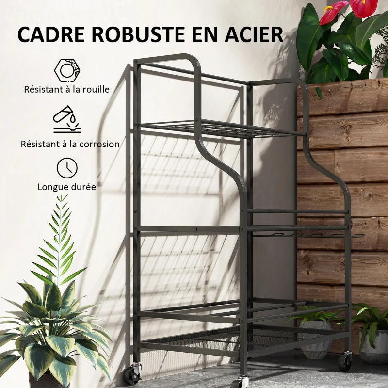 Outsunny Organiseur d'outils de jardin, support à outils de jardin 54 emplacements 5 crochets en acier sur roues 3 niveaux noir