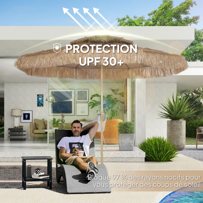 Outsunny Parasol de jardin extérieur en paille Ø 294 cm parasol droit mat 8 baleines en métal protection UV avec manivelle jaune