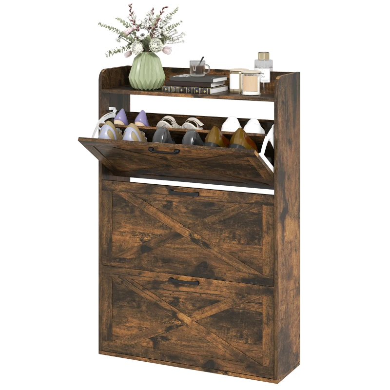 HOMCOM Zapatero Estrecho de 3 Cajones Abatibles para 24 Pares Diseño Rústico con Puertas de Granero 80x24x118 cm Marrón