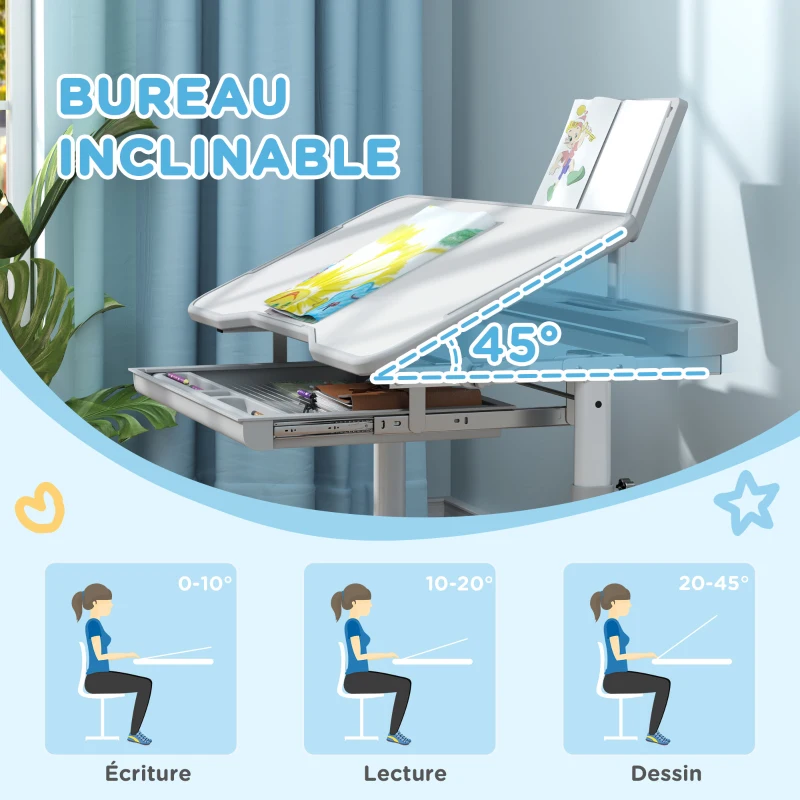 AIYAPLAY Bureau enfant avec chaise réglable en hauteur, plateau incliné 45°, tiroir et support de livre, gris