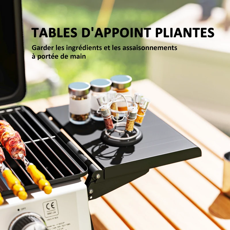 Outsunny Barbecue gaz de table transportable, 2 brûleurs 5,6 KW, barbecue gaz de camping avec étagères latérales, couvercle, noir