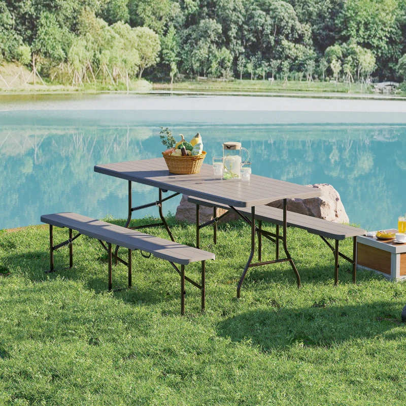 Outsunny Conjunto de Campismo Dobrável de 3 Peças Inclui 1 Mesa 180x74x74 cm e 2 Bancos 182x28x42 cm Efeito Madeira Castanho