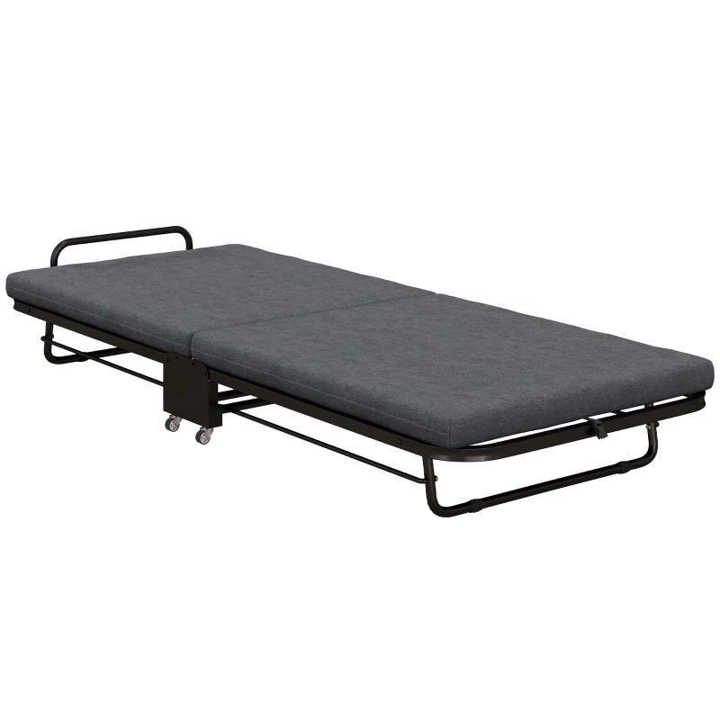 HOMCOM Lit pliant 1 personne 188 x 76 cm, lit d'appoint pliable avec matelas de 7 cm sur roulettes, charge de 150 Kg, gris