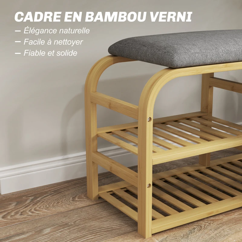 HOMCOM Banc à chaussures avec coussin d'assise, 2 étagères à lattes et panier en tissu coulissant, 70x30x45cm, bois naturel